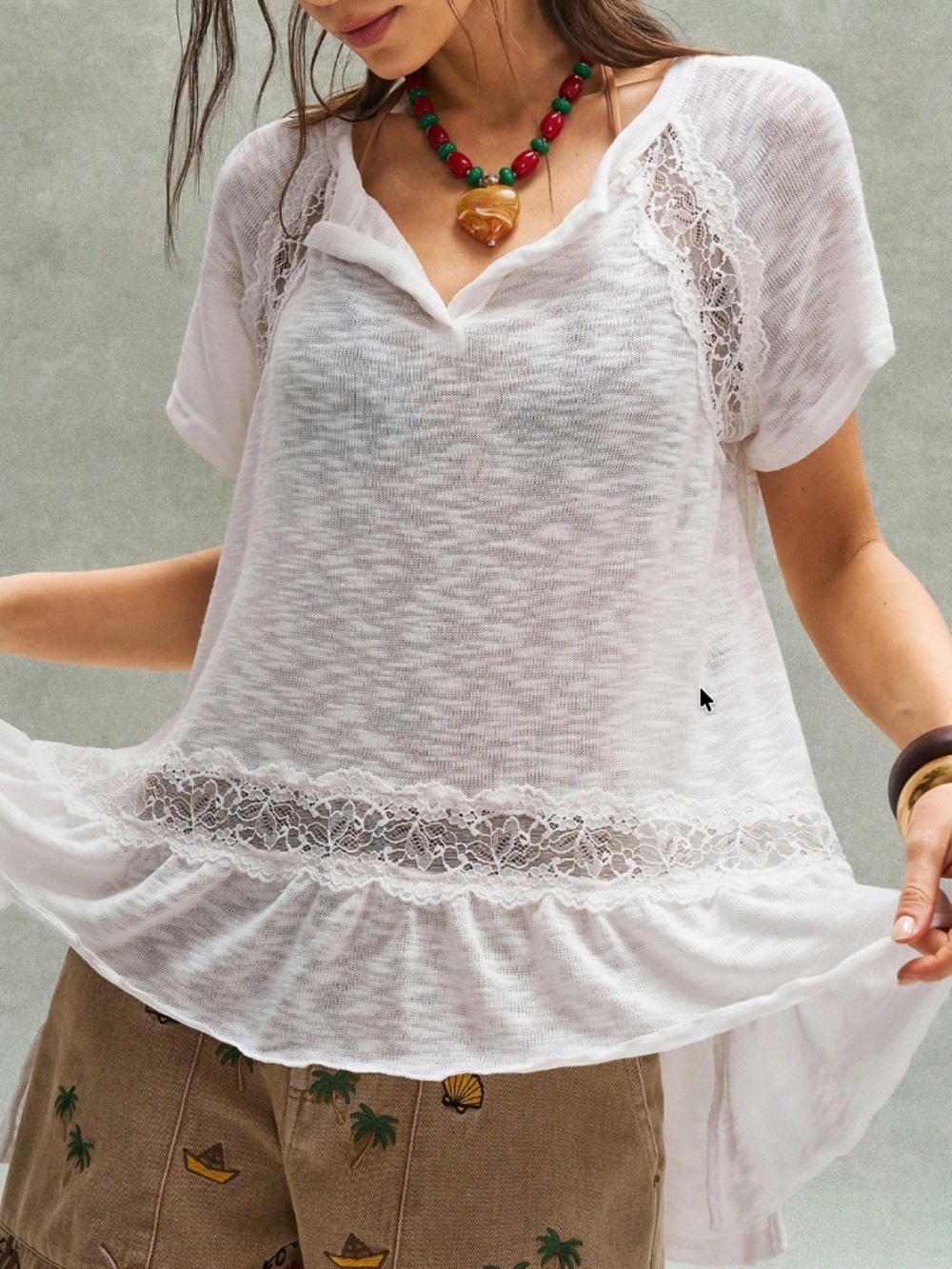 Boho White Lace Insert Short Sleeve Loose Fit Top